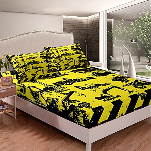 Kinder bagger Spannbetttuch Jungen Sohn Karikatur Konstruktion Autos Dekor Gelb Bettlaken Set Schwarz Maschinen Fahrzeuge Spannbettlaken 160x200cm Ausstattung LKWs Schlafzimmer Kollektion 2St