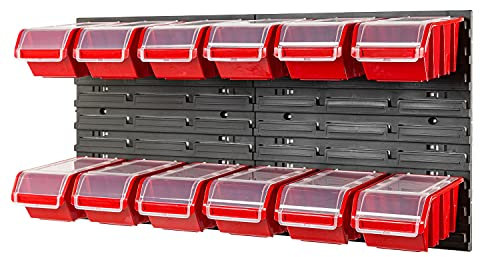 PAFEN Stapelbox Wandregal 772 x 390 mm - Lagersystem 12 Stück Boxen mit Deckel - Lagerregal Sichtlagerkästen Schüttenregal, Rot