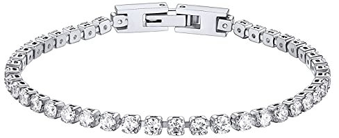 U7 Armkette Damen Edelstahl Tennisarmband Silber Armbänder Damen Tennis Armband Frauen Silber Zirkonia Armbänder Mädchen Glitzerarmband 19cm Armreif Armkette Armschmuck Modeschmuck für Freundin