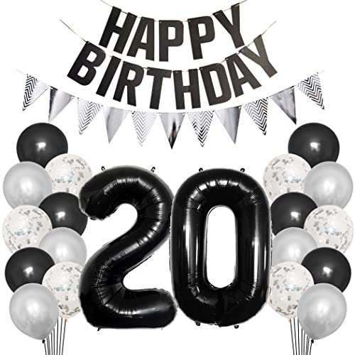 Borsgye 20. Geburtstag Deko Set 20 Jahr Geburtstagsdeko Ballon Männer Junge Frauen Schwarz Happy Birthday Banner Silber Glitzernder Dreiecks Banner Konfetti Luftballons Schwarz Folienballon Zahl 20