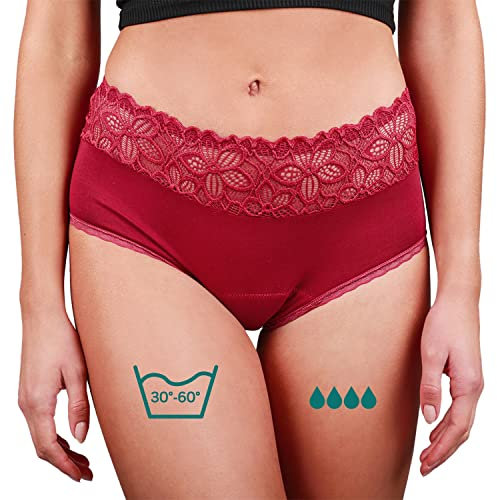 Taynie Deluxe Periodenunterwäsche aus Bio-Baumwolle - Periodenwäsche - Menstruationsunterwäsche - ersetzt 2-3 Tampons, Periodenslip Tragedauer bis 12 Std., waschbar bis 60°C (40,Bordeaux)