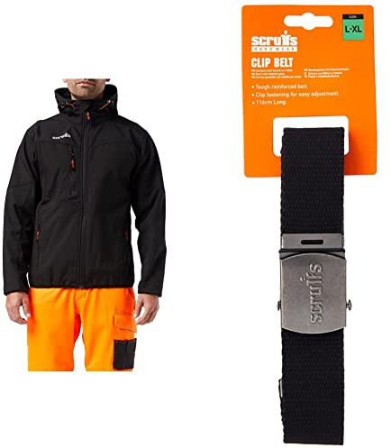 Scruffs Worker Softshell Water-Resistant Jacket Black L (T54852) & T50304 Cotton Adjustable Clip Belt Black One Size