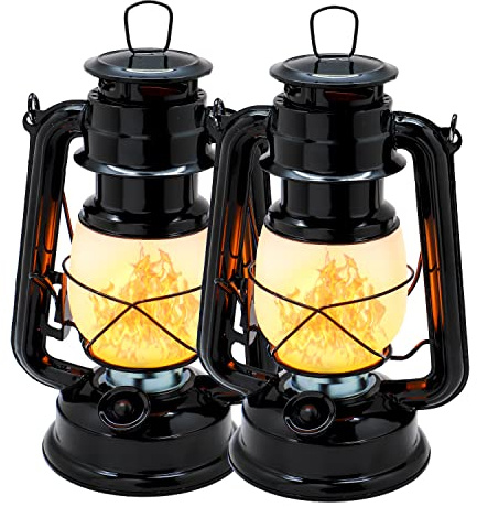 YAKii 2 Pack LED Vintage Flame Lantern Metal Outdoor Hanging Lantern with Dancing Flame Battery Operated Halloween Lamp Outdoor Indoor Decoration(Black)