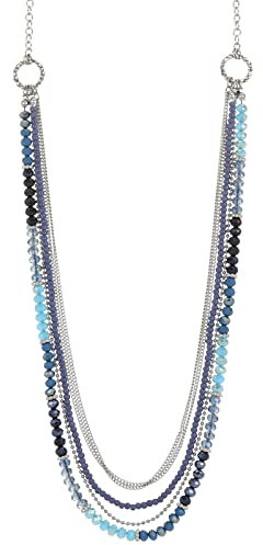 FULU AUTUMN Damen Statement Kette Lange Perlenkette Silber Chain Zwei Strang Modeschmuck Halskette Geburtstagsgeschenk(03-Blue)