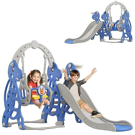 SUBTLETY Toboggan 4 en 1 pour enfants à partir de 1 an - Toboggan autoportant pour l'intérieur et l'extérieur - Avec panier de basket, balançoire et tour d'escalade - Toboggan de jardin pour enfants à