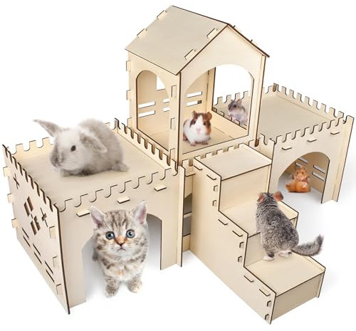 Bissap Hölzernes Kaninchenversteck Schloss, extra große Hasenhäuser und Verstecke, für drinnen und draußen, Kaninchenversteck für Kaninchen, Chinchillas, Hamster, Meerschweinchen, abnehmbares