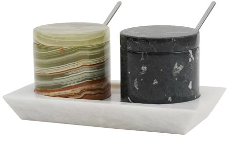 Radicaln Bodega de sal de mármol con tapa y bandeja, recipiente de sal negra y verde de 3 pulgadas, juego de 2 tarros de condimentos, contenedor de almacenamiento de especias para encimera de cocina