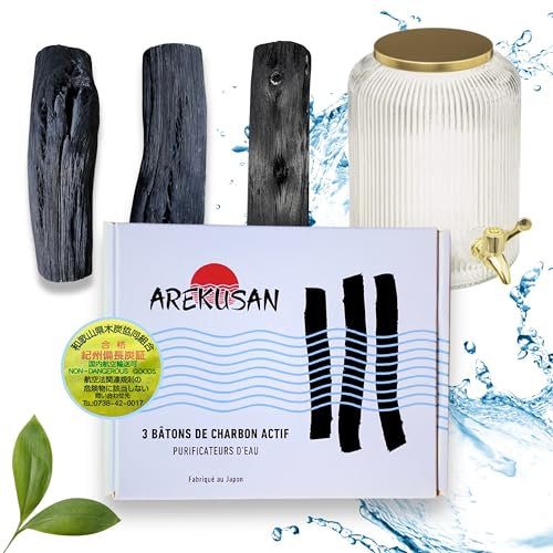 3 Gros Charbon Actif Purificateur Eau Bâtons de grande taille pour la purification de gros volumes d'eau Kishu Binchotan Japonais Wakayama Filtre L'eau du Robinet Pour grandes carafes fontaines pichet