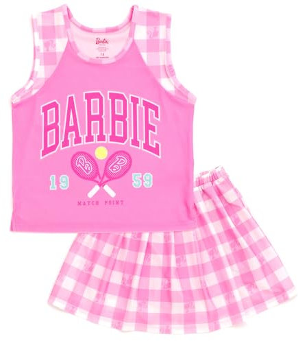 Barbie Little Big Girls Débardeur et jupe plissée à carreaux, rose, 4, rose à carreaux, 4