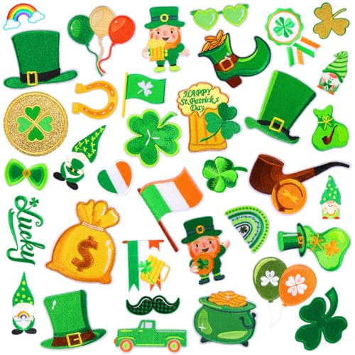 AUGSUN 36 St. Patrick's Day Aufnäher zum Aufbügeln, bestickt, Reparatur, irisches Kleeblatt, Glückskleeblatt, DIY Handwerk für Kleidung, Jacken, Jeans, Hosen, Kleid, Rucksack, Hut, Dekorationen,
