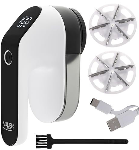 Adler Europe Levapelucchi elettrico, 3 livelli di potenza, Levapelucchi ricaricabile via USB, con 6 lame, per indumenti, coperte e divani, schermo LCD, AD9618