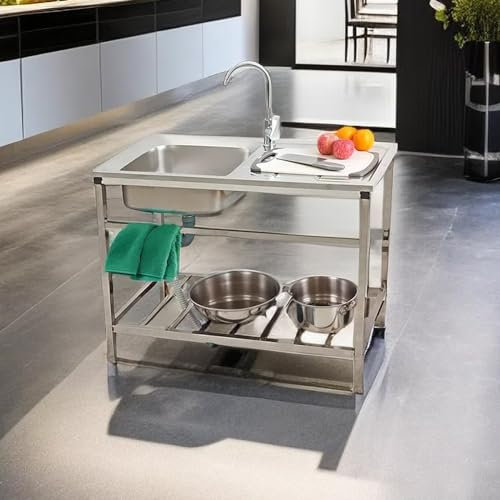 Ukkajovlex Fregadero de Acero Inoxidable 304 Independiente 75cmX40cmX75cm Fregaderos de Cocina Restaurante Camping Parrilla Exterior Jardin con Kit de desagüe Soporte Fácil de Montar