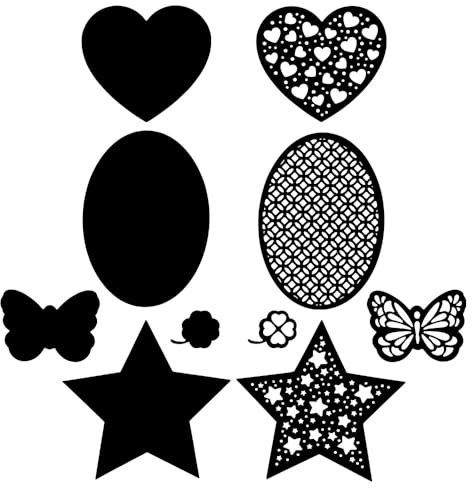 Ideen mit Herz Stanzschablonen | Formen mit Hintergrund | 10-teilig | Herz, Stern, Schmetterling, Kleeblatt, Oval | passend für alle gängigen Stanzmaschinen
