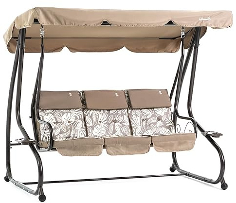 Dondolo reclinabile da giardino 3 Posti con funzione letto e tettuccio regolabile, cuscini imbottiti 7 cm con poggiatesta rimovibili e struttura in acciaio verniciato Mizar (Bronzo Tropicana)