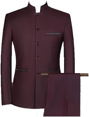 Maiyifu-GJ Men 2 Pieces Chinese Tunic Suit Mandarin Collar Blazer Set Button Jacket Pant Set Traditional Uniform Groom Dress, Wine Reda3, XL