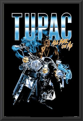 BUY ART FOR LESS Offiziell lizenziertes Tupac – Motorrad All Eyez on Me gerahmtes Kunstposter – 61 x 91 cm – stabiler Holzrahmen mit Plexiglas – fertig zum Aufhängen