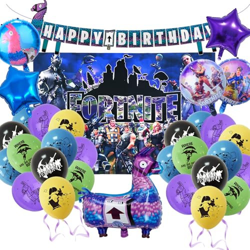 28 Stück Fortnit Geburtstagsdeko, Gaming Geburtstagsdeko Luftballons Set, Gaming Party Deko Kindergeburtstag, Geburtstag Party Set Mit Game Hintergrund, Thema Geburtstagsparty Junge