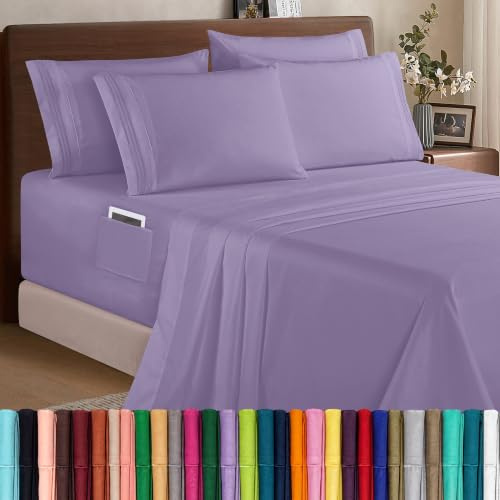 Elegant Comfort 1500 Premium Quality 6-Piece Bed Sheet Set - 18-24 Inch Extra Deep Pocket, Smart Storage Pockets, Wrinkle Free Ultra Soft 6PC Extra Deep Pocket Sheets, Queen, Lavender