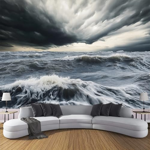 Fototapete 3D Effekt 300×210cm Seidenstoff für Wohnzimmer Schlafzimmer Wanddekoration， Sturm Meer Fototapeten Wandtapete Raue Natur wandbild Fototapete