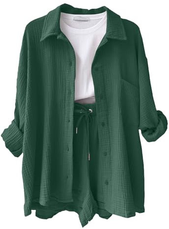CheChury Zweiteiler Damen Sommer Kurzarm Musselin Bluse Hemd und Shorts Freizeitanzug Damen Elegant Kurz Set Women Aesthetic 2 Teiliges Frauen Strand Outfit Leicht Atmungsaktiv Loungewear Anzug