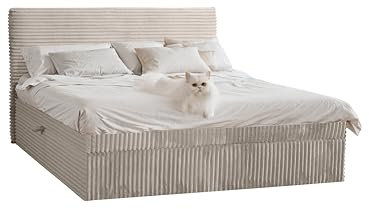 Kaiser Möbel - Bett 140x200 cm, Boxspringbett mit Bettkasten und Topper, Polsterbett für Schlafzimmer, Doppelbett mit Stauraum und Gepolstertes Kopfteil, Toppermatratze aus Viscoschaum - TRENTO - Ecru