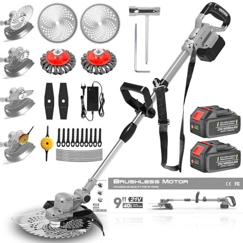 4 In 1 Rasentrimmer Mit Akku,Akku Rasentrimmer für Makita-Akkus,21v Akku Freischneider Mit 2 Akku 4.0ah,Rasentrimmer Mit UnkrautbüRste,1-45CM Teleslopstiel,für Rasen Garten Beschneiden,Grau