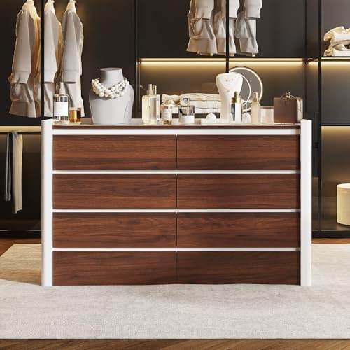 PREMTURE Vitrinenschrank Massivholz-Schmuckschrank, Schmuckschrank mit Leuchtstreifen, Schmuckaufbewahrung, Schmuckvitrine, Kommode Weiß + Braun, Massivholz + Hartglas, 60 x 120 x 40 cm