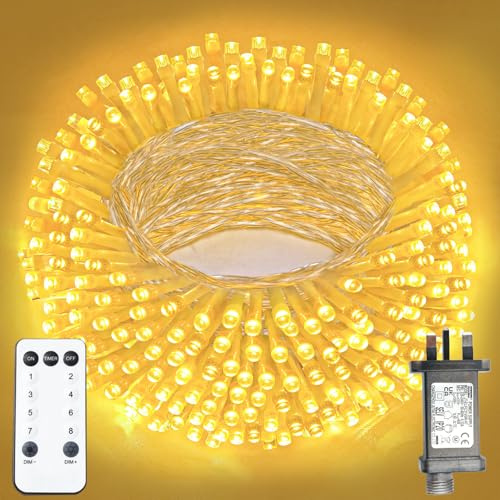 XmasBokeh Fairy Lights, 10m 100 LED, Warm White, Clear Cable, Plug in | Mains-powered string lights with remote, timer, memory and 8 modes. IP44 waterproof for Christmas trees, bedrooms, gardens.