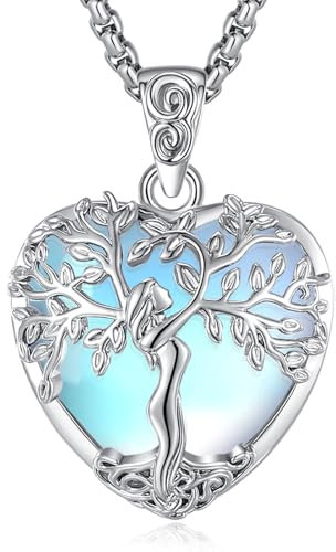 EUDORA Harmony Ball Collier Cœur Arbre de Vie en Pierre de Lune pour Femmes Cuivre Argenté, Pendentif Arbre de la Mère en Cristal Bijoux pour le Yoga et la Méditation Cadeaux pour Mères Épouses, 20+2