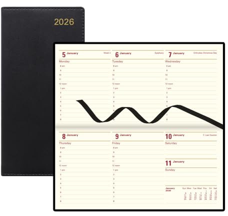 Letts of London 2026 Belgravia Wochen-/Monats-Terminbuch und Planer, 12 Monate, Januar bis Dezember, italienisches Leder, horizontal, schmale Größe, 16,8 x 8,3 cm, Englisch, Schwarz (C33SBK-26)