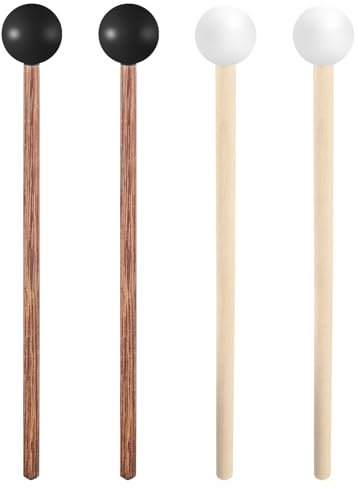 Lot de 2 paires de maillets de xylophone en caoutchouc avec poignée en bois, marteau en acier, baguettes de percussion, baguettes de batterie longues en caoutchouc pour enfants, noir et blanc