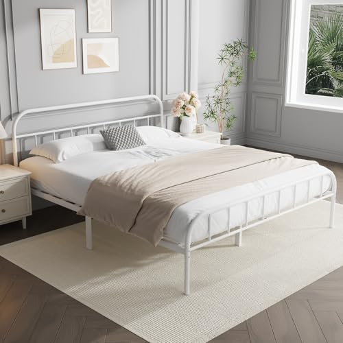 Yocreat Super King Metal Bed Frame with Large Storage Space,White Modern Style Metal Bed Frame,Durable Steel Construction and Easy Assembly（180x200cm）