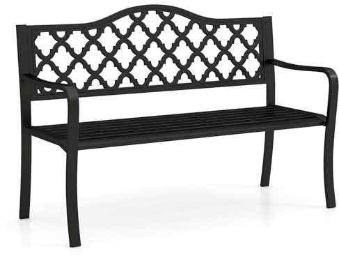 COSTWAY Panchina da Esterno in Metallo con Doghe e Braccioli Curvati | Panca da Giardino 128 x 54 x 89 cm per 2-3 Persone per Piscina e Veranda, Nero