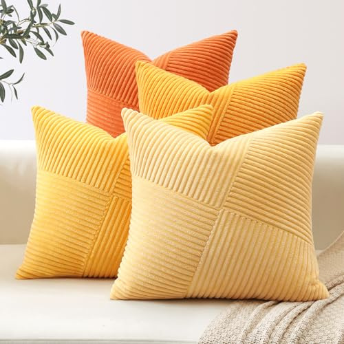 Sungeek 4er Set Cord Kissenbezüge, Windmühle Streifen Kordsamt Kissenbezug Sofakissen Dekokissen Patchwork Design Deko Zierkissenbezüge Kissenhülle für Wohnzimmer (40x40cm, Orange Herbst)