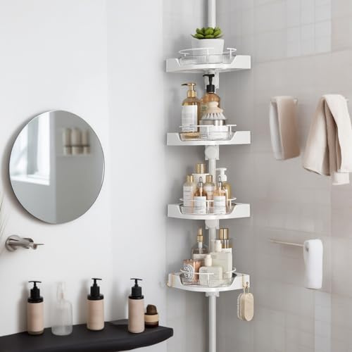 shuang qing 360° Rotating Corner Shower Caddy Tension Pole Organizer - 4-Tier Plastic Shelves with Safety Guardrail, Adjustable Rustproof Bathroom Storage for Shower & Bathtub（White）