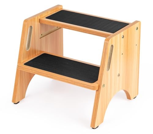 StrongTek Zweistufiger Tritthocker Höhenverstellbar Holz rutschfest | Stabile & höhenverstellbare Trittleiter für den Haushalt – rutschsicheres Design für sicheres Erreichen höherer Stellen