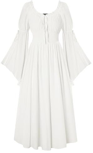 SCARLET DARKNESS Women Renaissance Medieval Dress Vintage Bell Sleeve Square Neck Dresses White XXL