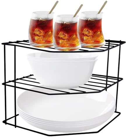 ASelected Corner Plate Rack, 3-Tier Plate Stacker for Cupboards, 23x23x20cm Metal Corner Plates Stand Black Plates Racks for Cupboard, Kitchen