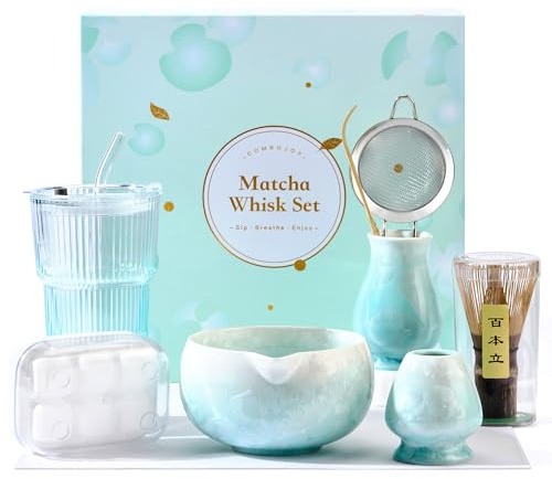 ComboJoy Matcha Set Blau - 9-teiliges Crystal Flower Matcha Schale, Bambusbesen & Halter, Matcha gläser, Eiswürfel form, Löffel & Sieb mit Halter, Teetuch - Geschenke für Frauen