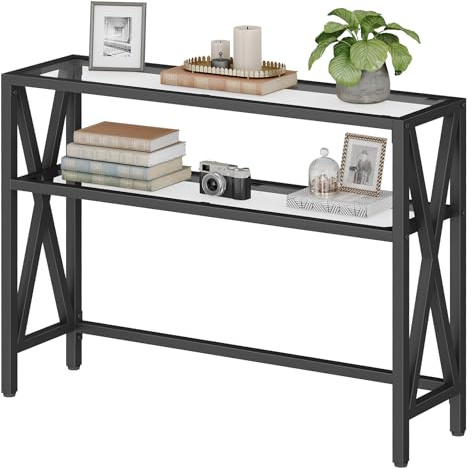 HOOBRO Table d’Appoint en Verre, Table de Canapé avec 2 Étagères Ouvertes de Rangement, Console à Cadre en X, pour Entrée, Couloir, Salon, Noir EBK122XG01