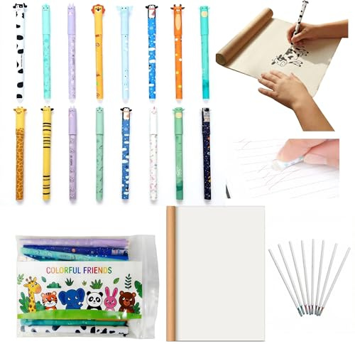 16 Radierbare Gelstifte Set 0,6mm – Löschbare Tintenroller mit 8 Farben Ersatzminen, Tier Design Stifte, Wasserdichte Federmappe & A5 Schreibheft, Thermo Tinte für Schule, Büro, Schreiben & Zeichnen