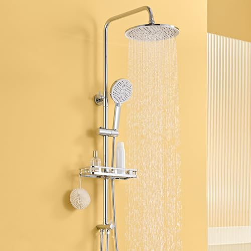 Auralum Colonna Doccia con Mensola Doccia e Soffione Doccia Rotonda 25cm, Colonna Doccia Senza Miscelatore Fori Muro Regolabili, Asta Doccia con Soffione e Doccetta Altezza Regolabile 72-110cm, Cromo