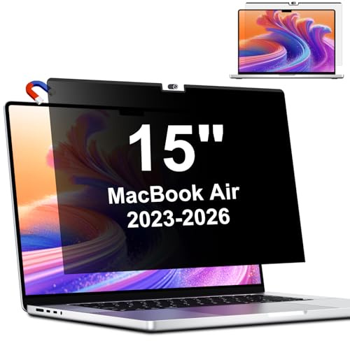 Magnetischer Blickschutzfilter für MacBook Air 15 Zoll (2023-2026, M2/M3/M4/M5), Abnehmbarer Anti Glare Blaulicht 15 Mac Sichtschutzfolie mit Webcam Abdeckung, macbook Privacy Screen Blickschutzfolie