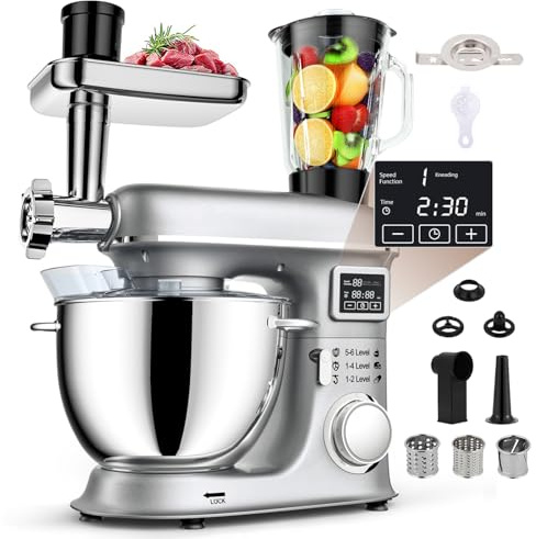YXZYFPP Robot da Cucina Elettrico da 8 Litri con Display a LED, 6 velocità, Testa inclinabile, Ciotola in Acciaio Inox, tritacarne, Gancio impastatore, Frusta, Accessorio per Pasta. (Silver)