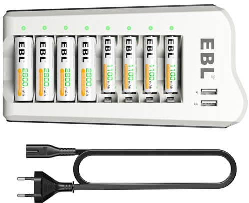 EBL Chargeur de Piles 8 Slots, avec 4PCS AA Piles Rechargeables 2800mAh+ 4PCS AAA 1100mAh, pour Accus AA/AAA/Ni-MH et Smartphone Tablette Rapide