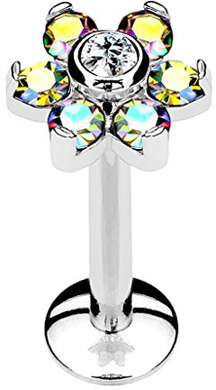 Piersando Piercing Stab Stecker Edelstahl Blüte mit Kristallen Lippen Lippe Labret Lippenpiercing Ohr Tragus Ohrpiercing Helix Nase Intim Zungen Nasen Silber 8mm Rainbow Clear