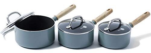 GreenPan Mayflower Gesunde keramische Antihaft 6-teiliges Stielkasserollen Set mit Deckeln, Vintage-Holzgriff, PFAS-frei, Induktion, Rauchblau