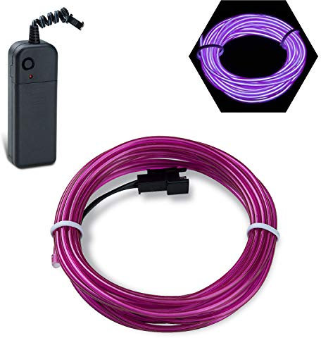 Podazz El Wire 16.4ft/5m Purple, Neon Glowing Strobing Electroluminescent Wire with 3 Lighting Modes, Battery Operated El Light for Halloween Decor, Parties, Xmas Tree, Cosplay, Car Bar Decor