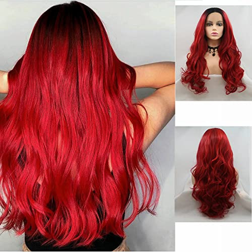 Meerjungfrau-Perücke, rote Ombré-Stil, schwarze Wurzeln, Drag Queen, langes gewelltes Haar, hohe Dichte, hitzebeständig, Kunsthaar-Perücken für Frauen, Cosplay, Make-up, Party