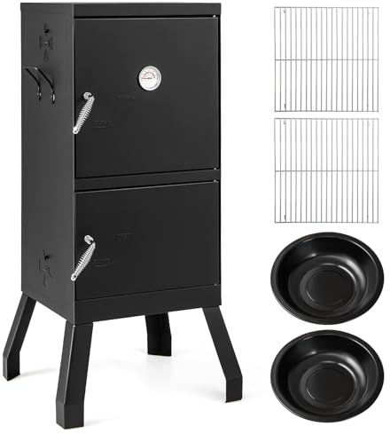 Giantex Outdoor Smoker with Double Doors, 2 Detachable Grill Netting Smoking Racks, Charcoal Pan & Water Pan, 4 Air Vents, Thermometer, Vertical Charcoal Smoker for Barbecue Camping Backyard Grill